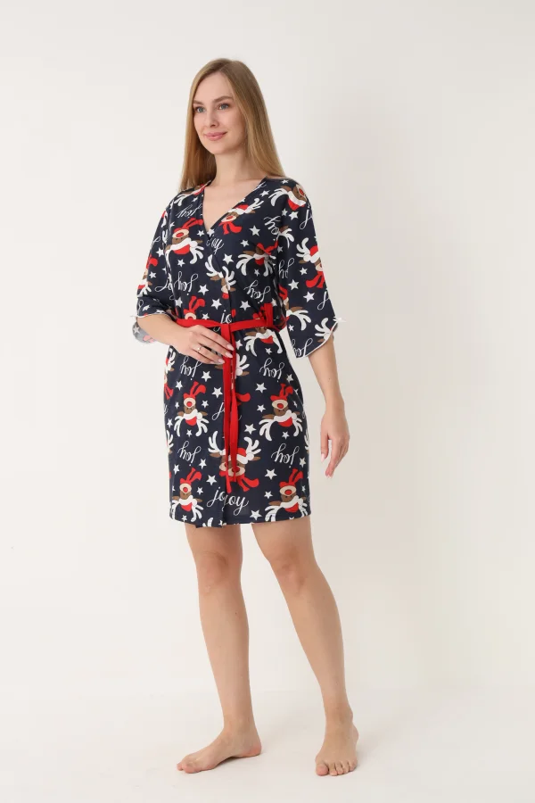 Halat dama Craciun,maneci 3/4,imprimeu reni ,culoare bleumarin ,En-gros