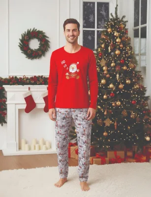 Pijama barbati Craciun,maneca lunga si pantaloni lungi,imprimeu ho ho,En-gros