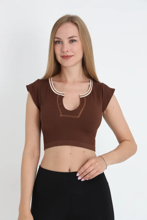 Crop Tricou Damă cu Mânecă Scurtă ,Culoarea Maro,Engros