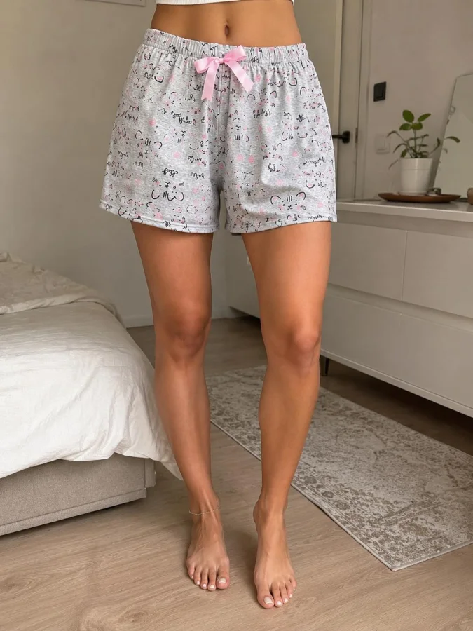 Pantalon scurt dama Serena,culoare gri cu imprimeu cap de pisica,Engros