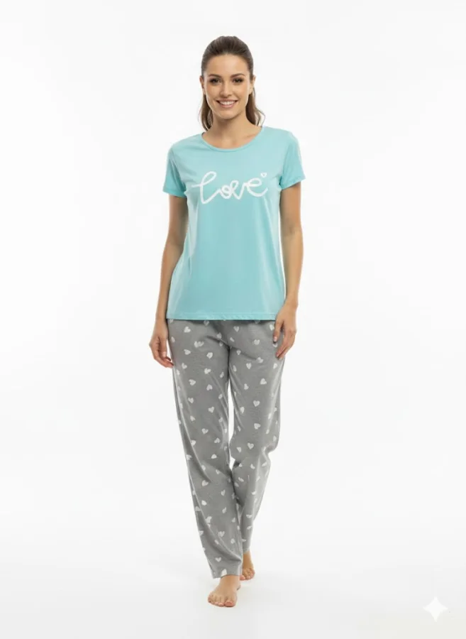Pijama dama ,cu maneca scurta si pantalon lung ,culoare bleu,Engros