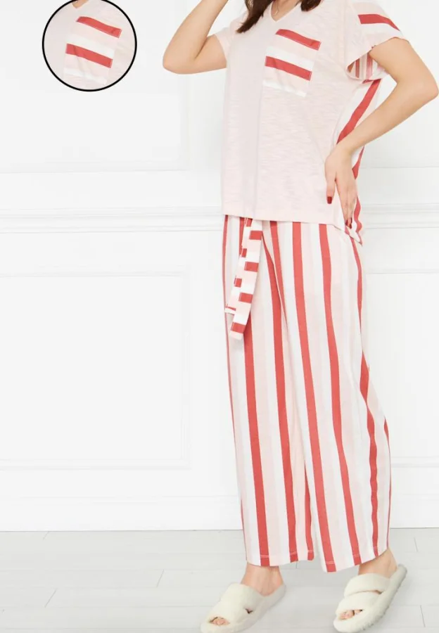 Pijama Dama Bumbac Mânecă Scurtă, Pantaloni Lungi și Buzunare pe Piept,Engros