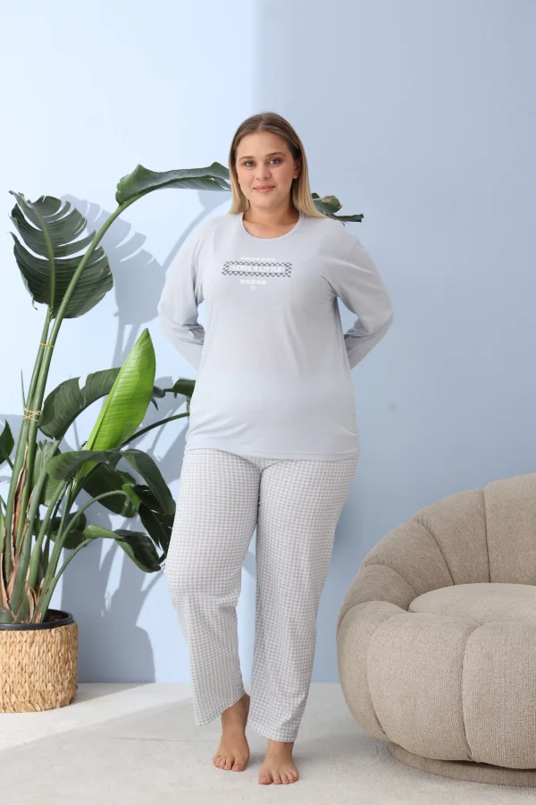 Pijama Dama ,Big Size ,'LEAVE A LITTLE" cu Pantloni si Maneca lunga, Culoare Bleu,Engros