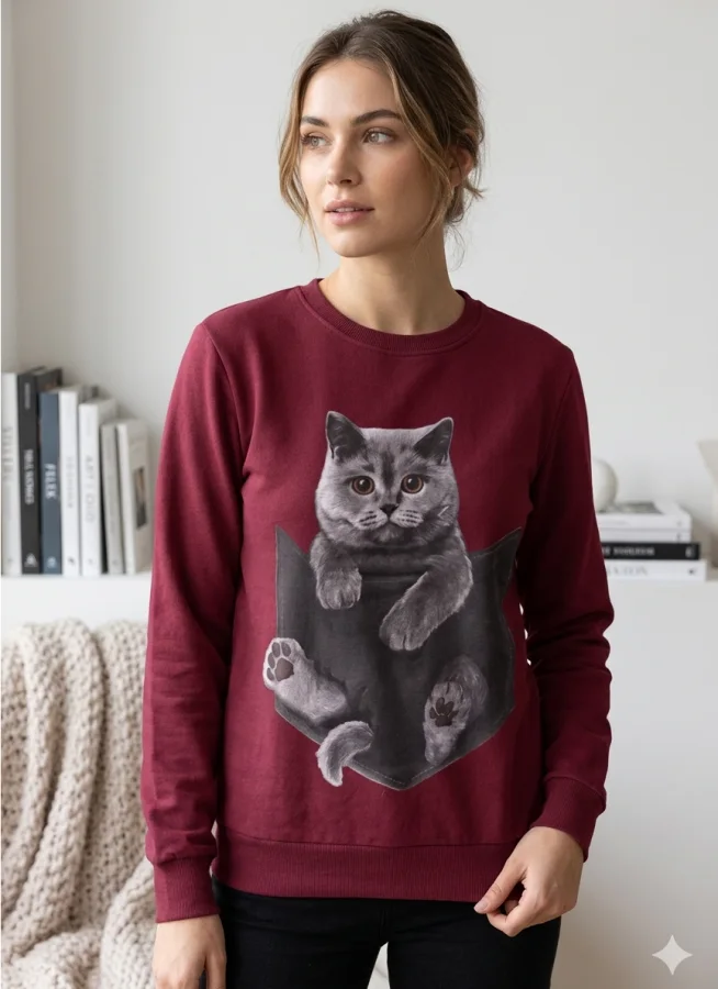 Bluza dama , imprimeu pisica,culoare visiniu,En-gros