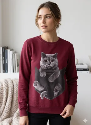 Bluza dama , imprimeu pisica,culoare visiniu,En-gros