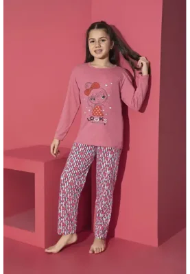 Pijama Fete, Mânecă Lungă, Imprimeu Looks,Culoare Roz Inchis,Engros
