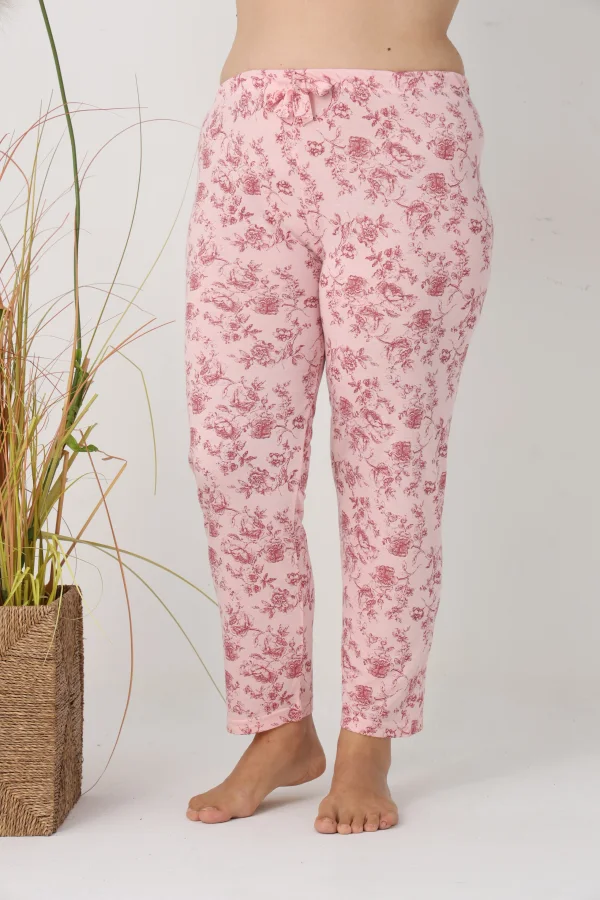 Pantaloni de Pijama Dama Lungi,Big Size,Culoare Roz cu Trandafir Rosu, Engros