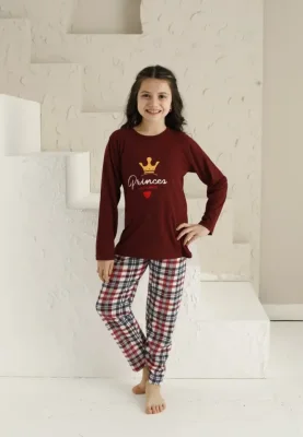 Pijama Fete, Mânecă Lungă si Pantaloni Lungi, Imprimeu Princes,Culoare Bordo,Engros