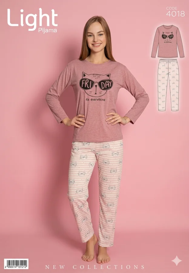 Pijamle, dama cu maneca lunga, ,roz, imprimeu pisica ,Engros
