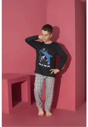 Pijama Băieți cu Mânecă Lungă și Pantaloni Lungi, Imprimeu King Of The Sea,Culoare Negru, Engros