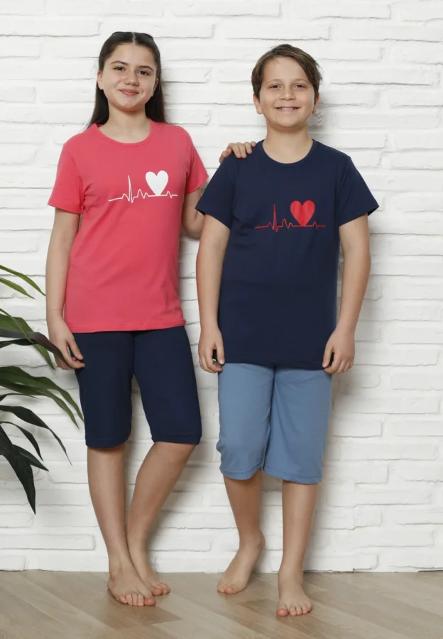 Pijama Copii cu maneca scurta si pantalon 3/4,culoare Coral si Bleumarin,  Engros