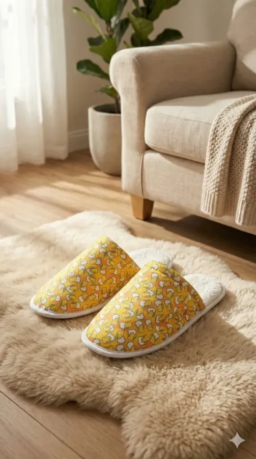 Papuci de casă pentru bărbați, galbeni, cu imprimeu halbă de bere ,En-gros