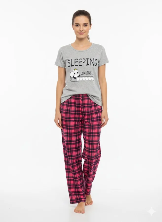 Pijama dama ,cu maneca scurta si pantalon lung ,culoare gri ,Engros