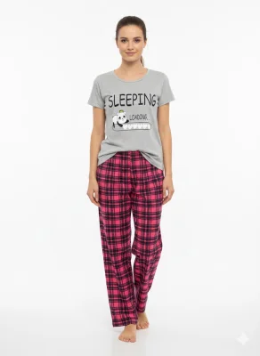 Pijama dama ,cu maneca scurta si pantalon lung ,culoare gri ,Engros