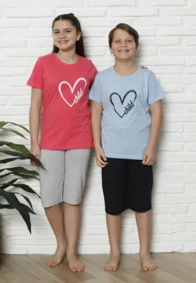 Pijama Copii cu maneca scurta si pantalon 3/4, culoare Coral si  Albastru deschis,Engros