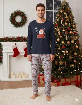 Pijama barbati Craciun,maneca lunga si pantaloni lungi,imprimeu ho ho,En-gros