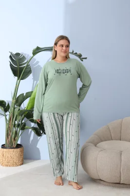 Pijama Dama ,Big Size ,''JUST LOVELY" cu Pantloni si Maneca lunga, Culoare Verde,Engros