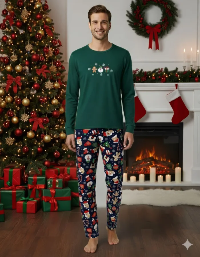Pijama barbati Craciun,maneca lunga si pantaloni lungi,imprimeu figurine festive,En-gros