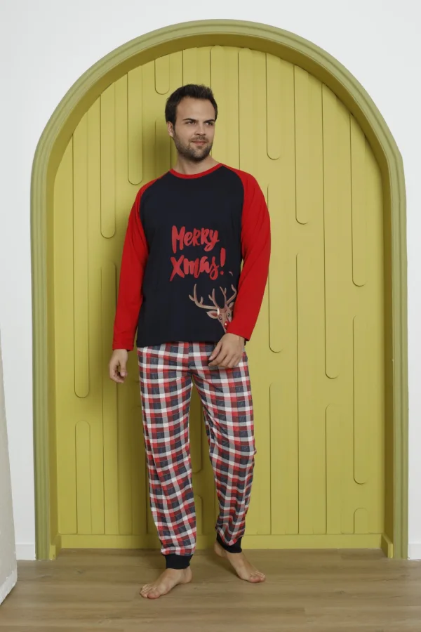 Pijama barbati Craciun "Meryy Xmas" maneca lunga ,pantaloni lungi,Culoare Rosu, Engros