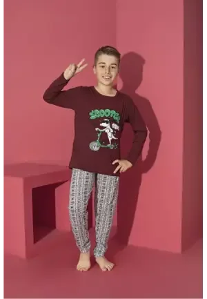 Pijama Băieți cu Mânecă Lungă și Pantaloni Lungi, Imprimeu Scooter,Culoare Bordo,Engros
