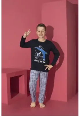 Pijama Băieți cu Mânecă Lungă și Pantaloni Lungi, Imprimeu King Of The Sea,Culoare Bleumarin,Engros