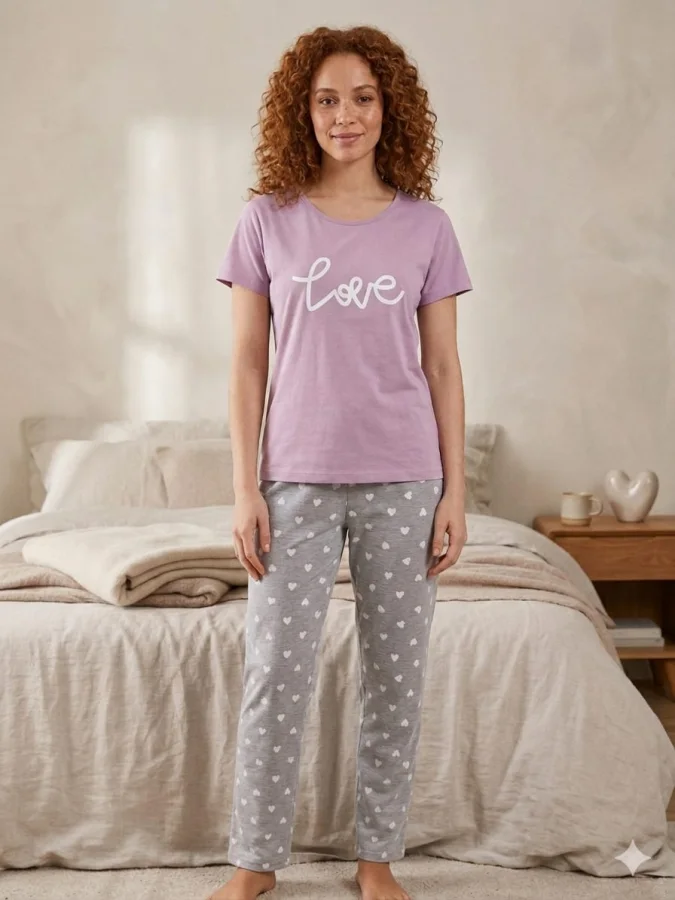 Pijama damă Serena cu mânecă scurtă și pantaloni lungi, Mov, imprimeu Cafea, Engros