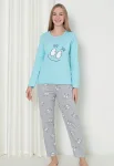 Pijama damă cu mânecă lungă și pantaloni lungi, imprimeu ,,Happy Face'', culoare albastru, Engros