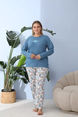 Pijama Dama ,Big Size ,''PLAM BEACH" cu Pantloni si Maneca lunga, Culoare Albastru,Engros
