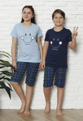 Pijama Copii cu maneca scurta si pantalon 3/4, culoare Albastru deschis si Bleumarin ,Engros