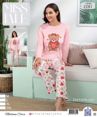 Pijama dama din interlok,Culoare Roz ,Imprimeu inimi roșii, fundițe și ursuleți,En-gros