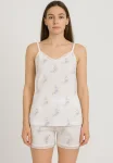 Pijama Damă Maiou și Short – Bretele Subțiri, Dantelă Delicată, Croială Lejeră, Imprimeu cu Flori Mov,Engros