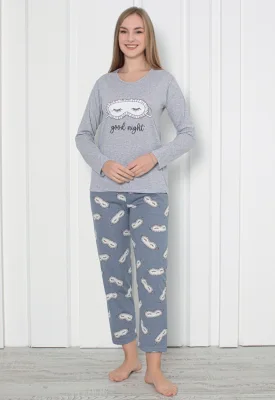 Pijama damă cu mânecă lungă și pantaloni lungi, imprimeu ,,Good Night'', culoare gri, Engros