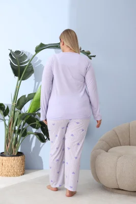 Pijama Dama ,Big Size ,''Keep Thing " cu Pantloni si Maneca lunga, Culoare Lila,Engros