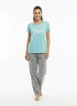 Pijama dama ,cu maneca scurta si pantalon lung ,culoare bleu,Engros