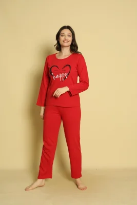 Pijama dama Serena-maneca lunga si pantalon lung, culoare rosu ,Engros