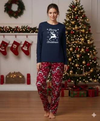 Pijama dama Craciun,maneca lunga si pantaloni lungi,imprimeu ren, En-gros