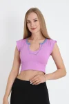 Crop Tricou Damă cu Mânecă Scurtă ,Culoare Mov, Engros
