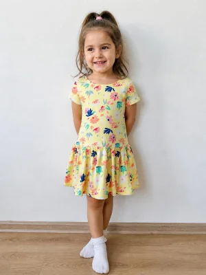 Rochie fetiță Serena galbenă cu flori și volănașe,Engros