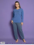 Pijamle, dama cu maneca lunga, ,albastra imprimeu negru ,Engros