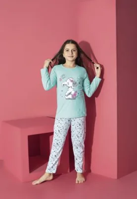 Pijama Fete, Mânecă Lungă, Imprimeu Elefant Blue,Engros