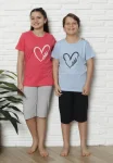Pijama Copii cu maneca scurta si pantalon 3/4, culoare Coral si  Albastru deschis,Engros
