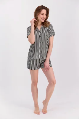 Pijama Dama Bumbac Mânecă Scurtă, Pantalon cu pantaloni scurti,alba in dungi negre Engros