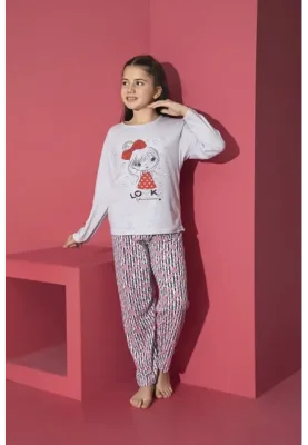 Pijama Fete, Mânecă Lungă, Imprimeu Looks,Culoare Gri,Engros