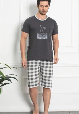 Pijama bărbat din bumbac, mânecă scurtă și pantaloni 3/4,imprimeu,Hip-Hop,gri,inchis,Engros