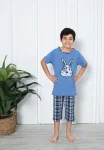 Pijama băieți, mânecă scurtă si pantalon 3/4, imprimeu iepure haios, albstru  ,Engros