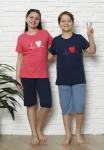 Pijama Copii cu maneca scurta si pantalon 3/4,culoare Coral si Bleumarin,  Engros