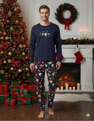 Pijama barbati Craciun,maneca lunga si pantaloni lungi,imprimeu figurine festive,En-gros