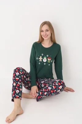 Pijama dama Craciun,maneca lunga si pantaloni lungi,imprimeu figurine festive, En-gros