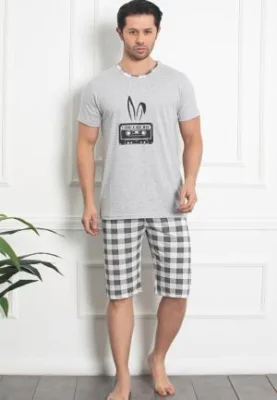 Pijama bărbat din bumbac, mânecă scurtă și pantaloni 3/4,imprimeu,Hip-Hop,Gri,Engros