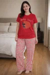 Pijama dama cu maneca scurta si pantalon lung, culoare rosu ,Engros